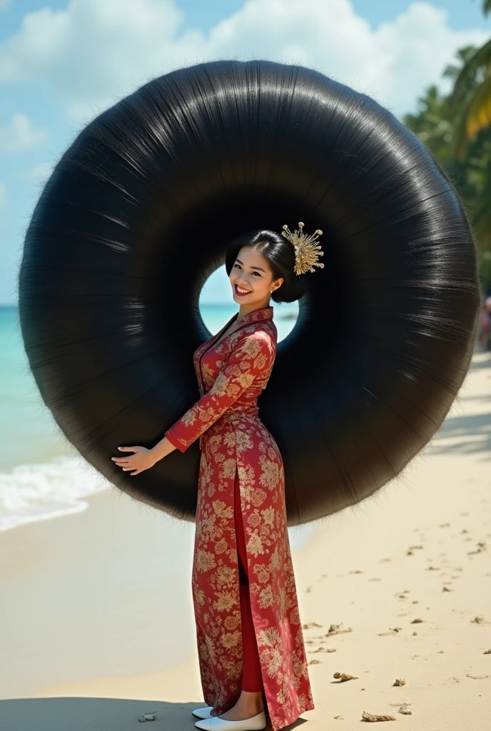 Asian beautiful woman,((full body sho))t,from head to toe,with a very big hair bun, the size of her bun is 10 times the size of her head,very big very big hair bun traditional Javanese hair bun,circle bun,shiny black hair,using a hairpin,wearing traditional Indonesian kebaya,very big chest ,both hands holding a bun,beach atmosphere,laugh, looking back over shoulder,wear white shoes
