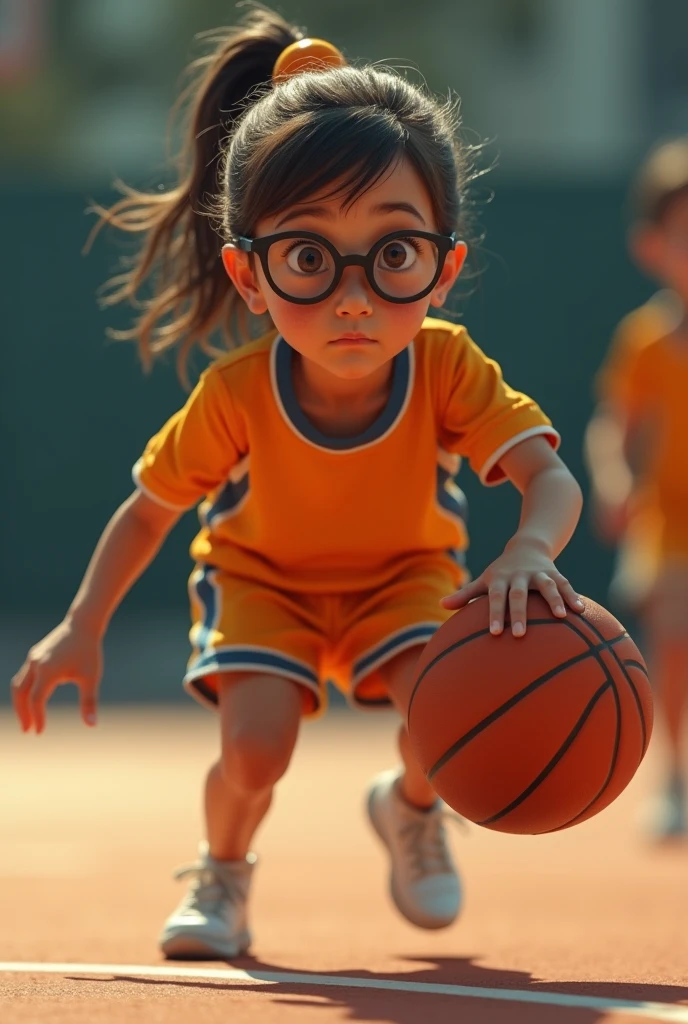 sad blind girl with glasses playing basketball , wearing an orange uniform