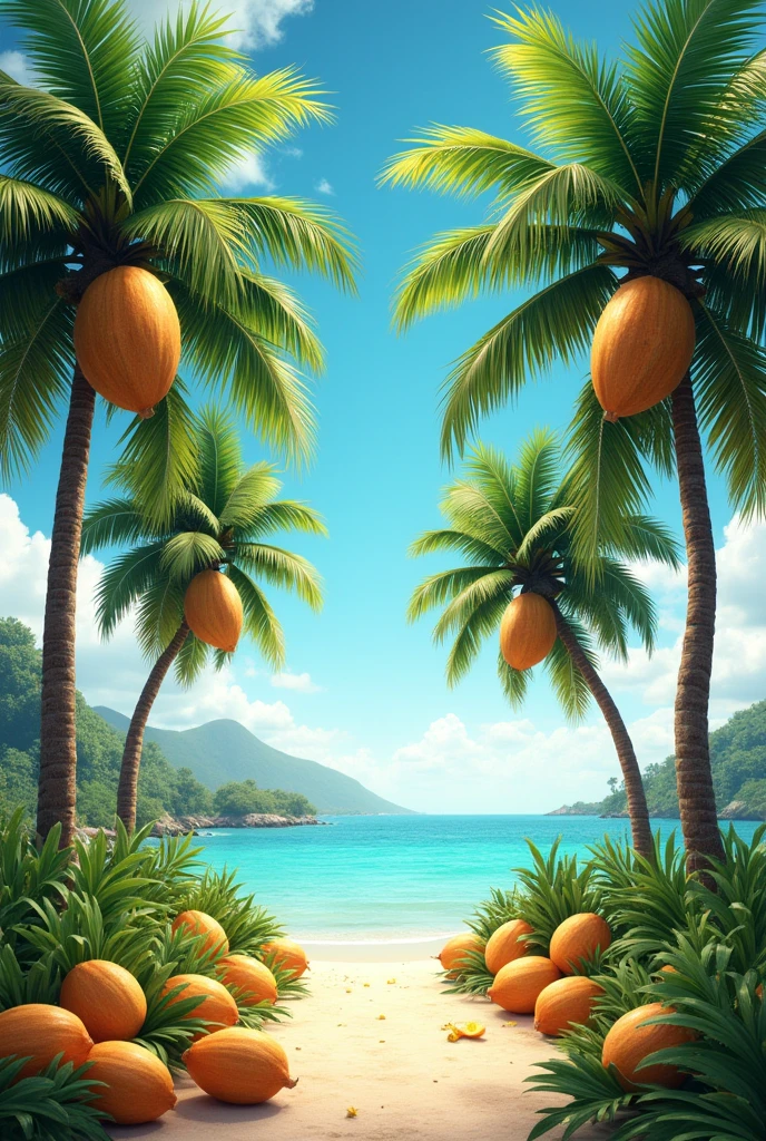 Coconut themed image background, palms, with realistic green and orange colors