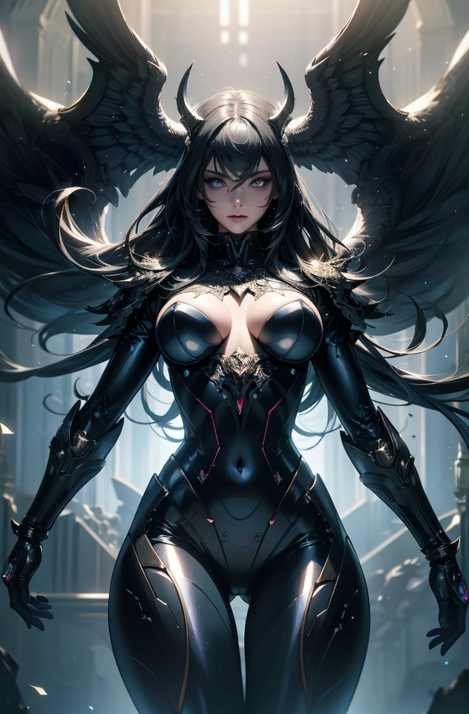 A beautiful robot that combines a succubus and a fallen angel, In beautiful form, Wearing a shiny black bodysuit with fine lines, Best body shape, Background: A large room with analytical equipment, Lab, Shading Effects, Gradient Magic Effect, Fog filter effect, Glitter effect, (Super detailed, The absolute solution, Highest quality:1.3), 2.5D, delicate and dynamic, Artistic photography, Ultra-realistic, Graphics CG Digital Art