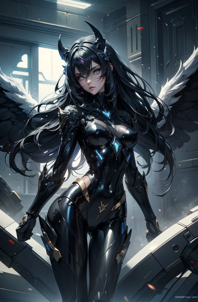 A beautiful robot that combines a succubus and a fallen angel, In beautiful form, Wearing a shiny black bodysuit with fine lines, Best body shape, Background: A large room with analytical equipment, Lab, Shading Effects, Gradient Magic Effect, Fog filter effect, Glitter effect, (Super detailed, The absolute solution, Highest quality:1.3), 2.5D, delicate and dynamic, Artistic photography, Ultra-realistic, Graphics CG Digital Art