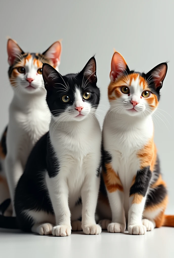 A black and white cat and another black white and orange cat and another black white and orange cat 
