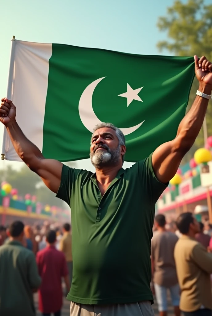 muscular body, gray hair, with small beard and a broad face, 
I want you to generate an AI video with holding Pakistani flag on the occasion of 14 august celebration as independence day of Pakistan 