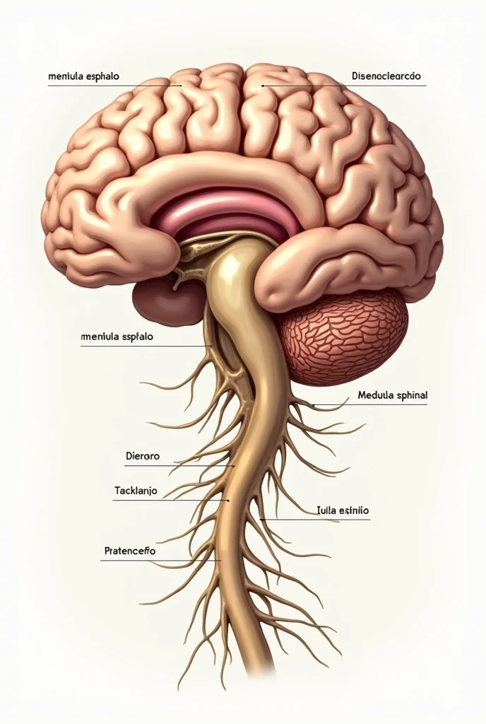 

Image to draw the parts of a brain that include the spinal cord, diencephalon, cerebellum, midbrain and cerebral hemisphere. (With the indicated parts and their names respectively) (In Spanish the description and larger the text and title)