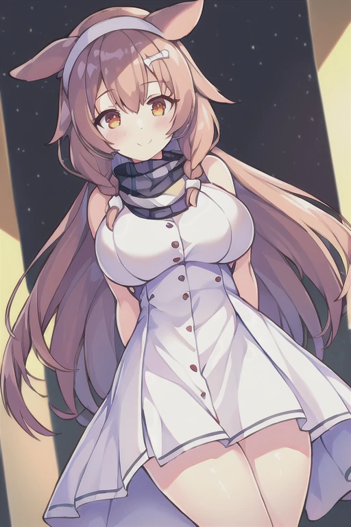 1girl, Korone, smile, dog ears, twin braids, sidelocks, hair ornament, ((white dress)), yellow jacket, dress, jacket, open clothes, open jacket, short dress, sleeveless dress, huge breasts, thick thighs, mature female, bandana, scarf, hourglass figure, arms behind back, standing,