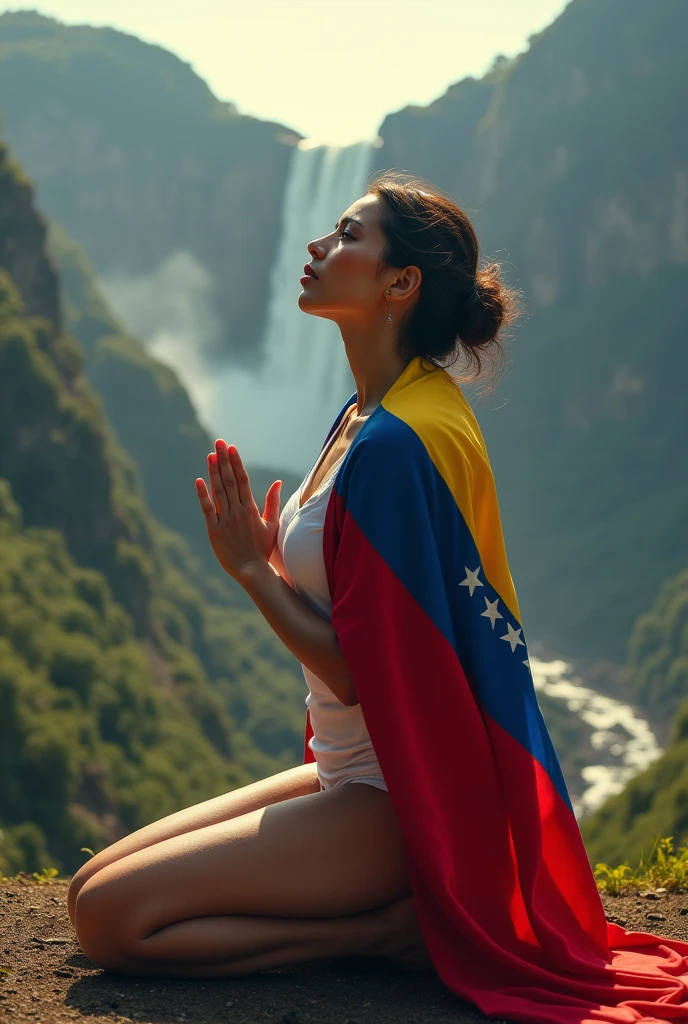 Beautiful Venezuelan with flag and faith for her country praying at el salto angel