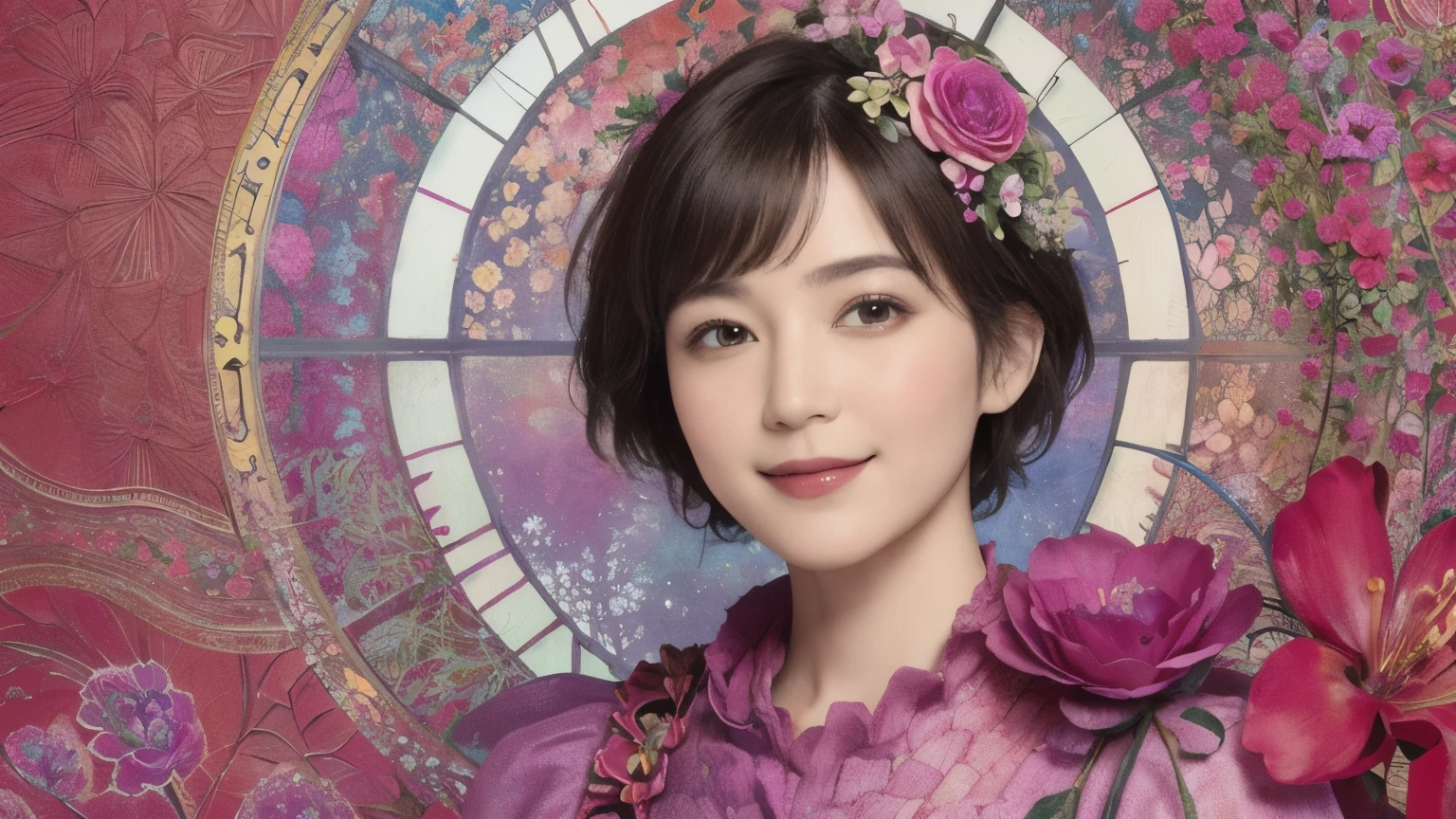 271 (20-year-old woman,short hair), (masterpiece, Highest quality, beautiful:1.2), Very detailed, (Fractal Art:1.1), (colorful:1.1), (flower:1.3), whole body, (Abstract background:1.3), (Many colors:1.4), (Old-fashioned smile), (window)