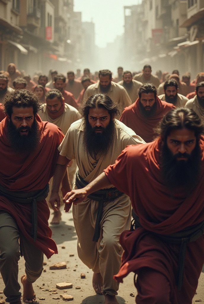 Create an image of a group of people chasing the prophets to end their lives
