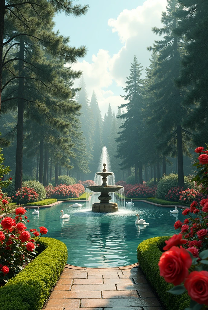 Create an image of a high society garden with highly complex arts, 8k photo and realistic, with red roses and some bushes, some geese and pine trees around, with a fountain in the middle of a small lake