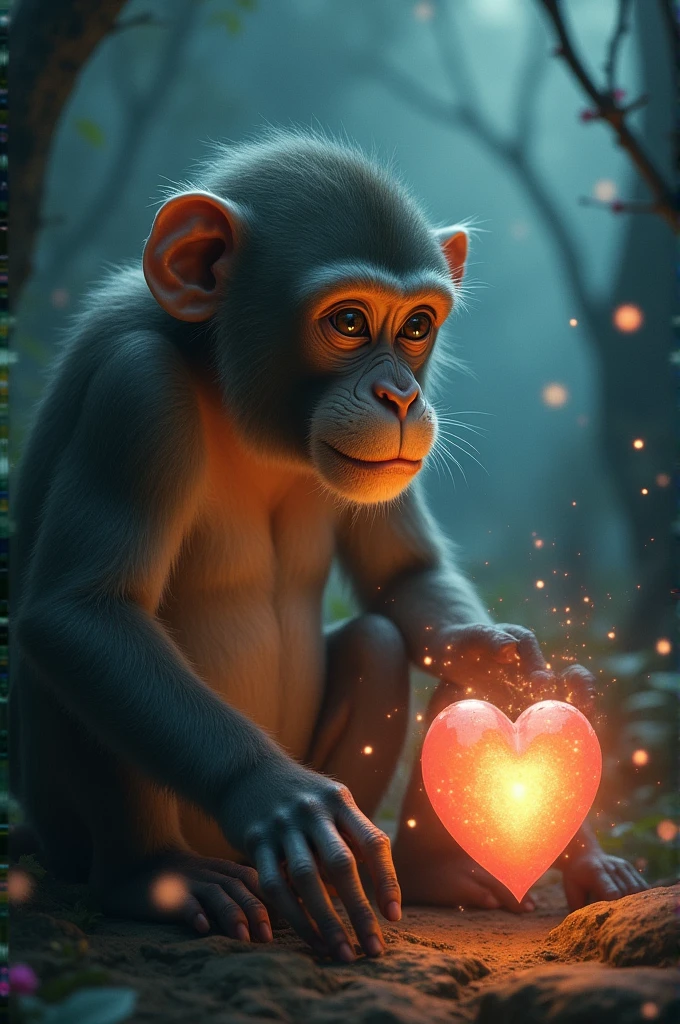 pensive monkey watching a heart