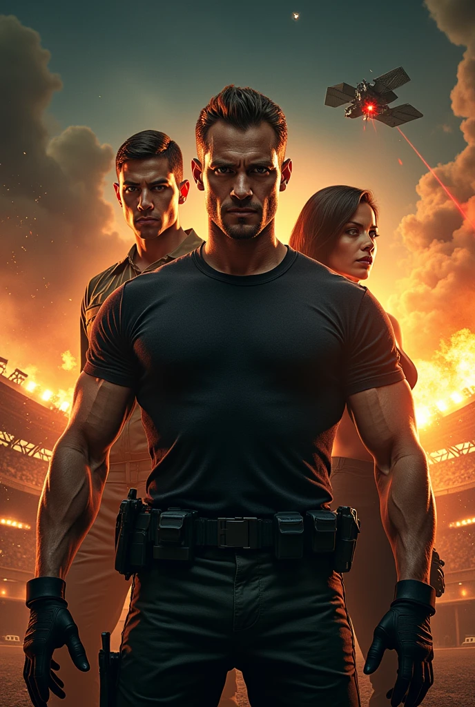 "Movie poster of an epic action film, featuring three main characters in a dramatic composition. Master, an athletic and handsome soldier, stands at the forefront with a determined look. Behind him, Judas Cain, a scrawny and unattractive soldier, gazes with suspicion. Piraña, a seductive and mysterious woman, smirks from the shadows. The background features a bombed-out stadium, a fiery explosion, and a laser from a satellite aiming at a hidden bunker. The style combines modern cinematic visuals with elements of 80s movie posters, capturing the tension and drama of a final war mission."