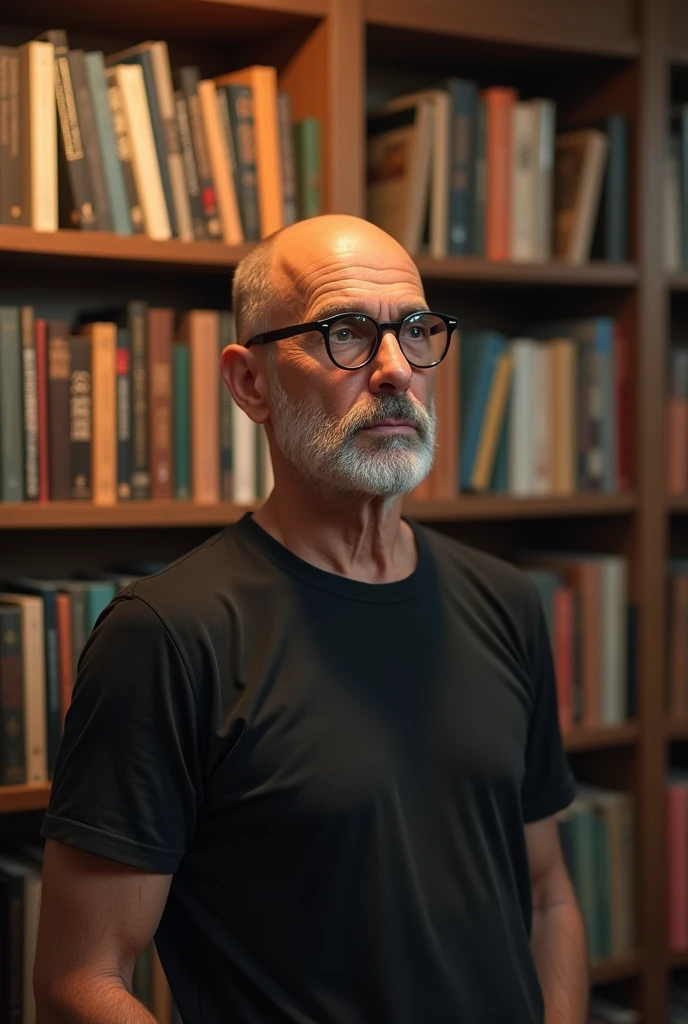 white male , white beard shaved head , thin lips round glasses darker lenses thin lips black t-shirt with , At the bookstore 
