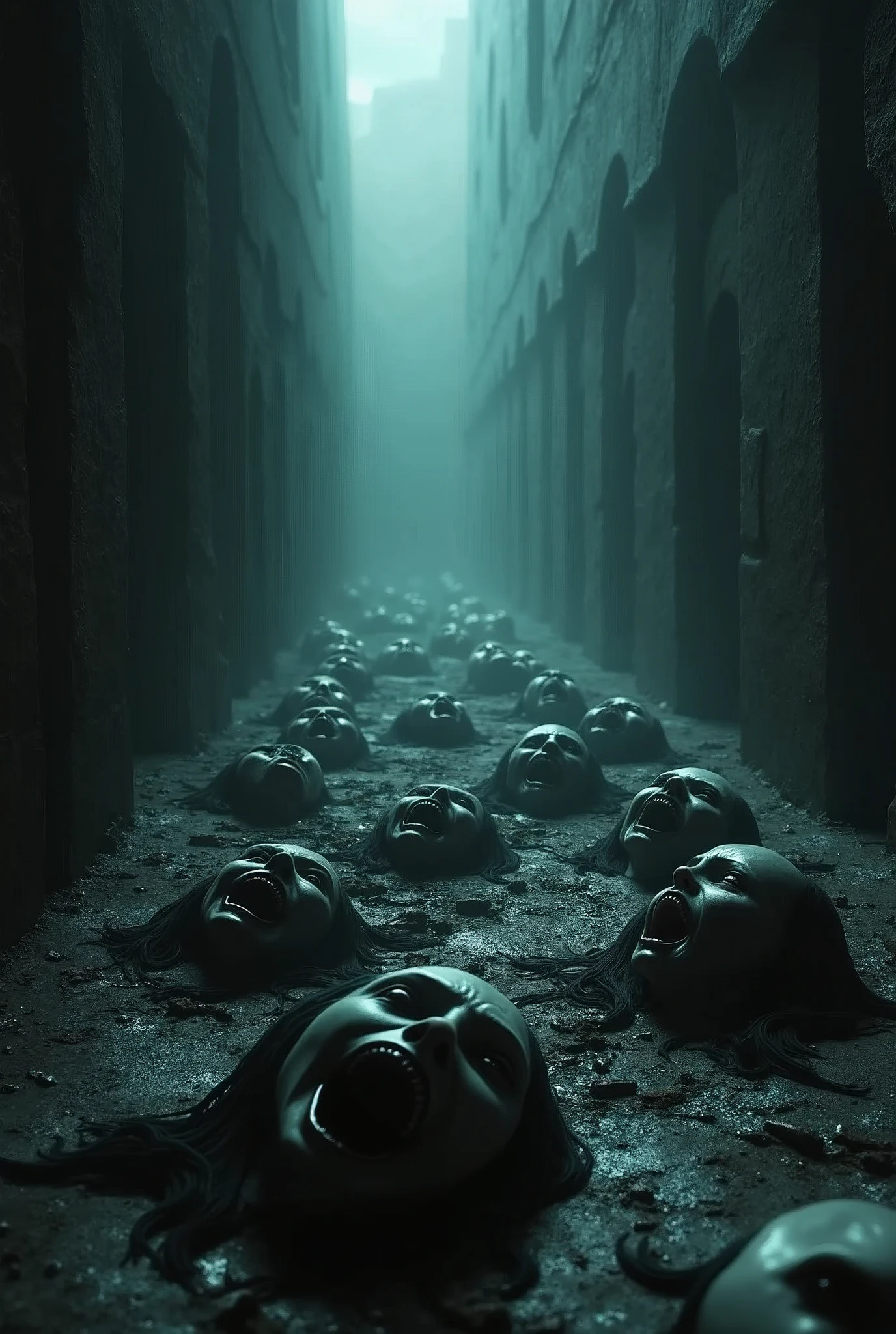 "A dark, eerie pathway in the underworld, with a floor made entirely of tortured, screaming faces of trapped souls. The faces are twisted in agony, reaching out from the ground, as if trying to escape their eternal suffering. The atmosphere is cold and foreboding, with shadows lurking around. The scene is dimly lit by a faint, ghostly light, casting long, ominous shadows. The background fades into an endless abyss, filled with mist and distant cries. The overall style is hyper-realistic and horror-themed, with intricate details on the anguished expressions and a deep sense of dread."
