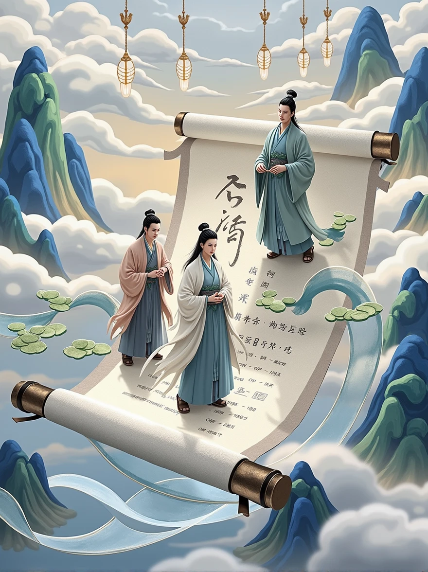 China-Chic style, felt material, an open scroll floating in the air, with some ancient characters on it. On the open scroll stand several ancient poets, with illustrations of mountains and rivers in the background. Featuring undulating mountains, silk, macro, high-definition surrealism, long waves, fresh and elegant customs, white and blue tones, macro perspective