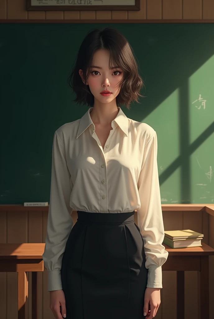 Beautiful Teacher、Japanese、blackboard、evening、Looking at the camera、White blouse、Tight Skirt