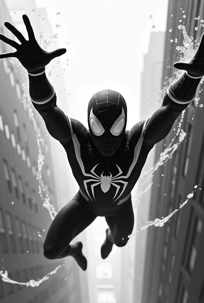 Spiderman falling from the sky black and white but with two hands but free fall and looking at me so that it can be seen that he comes from the sky and throwing spider web but with feet towards the sky the suit looks black and white as to paint the feet more towards the sky and the red to be white, It is for painting