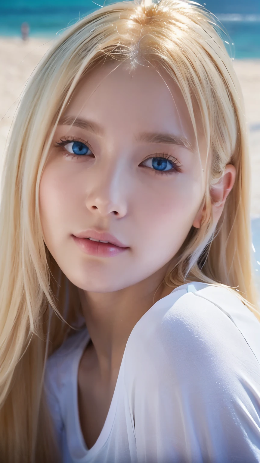 An innocent 20-year-old beautiful platinum blonde、Beautiful, shiny, super long, natural platinum blonde hair、Bangs between the eyes falling on the face、((Wearing an open white T-shirt,Dramatic Pose)),Sexy look,Super long straight blonde silky hair,dazzling blonde reflected light、Bed Background,Beach Background、RAW Photos, (8k、Highest quality、masterpiece:1.2)、(Intricate details:1.4)、(Realistic:1.4)、Octane Rendering、Intricate 3D rendering Super Detailed, Studio Soft Light, Rim Light, Sharp details, Super Detail, Realistic skin texture, Cheek gloss highlighter、Detailed aspect, Very beautiful big bright light blue eyes, Very big eyes、Highly detailed CG Unity 16k wallpaper, Perfect small face beauty、Round face、compensate, (Detailed Background:1.2), Glowing Skin, whole body、From head to thighs、Cleavage,((Sleeping on your back、Angle of view from above))