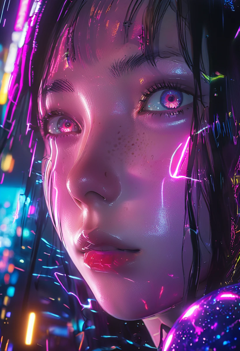 surreal horror, anime style, directed by Junji Ito, high contrast, vivid colors, eerie atmosphere, psychological tension, intricate line work, nightmarish creatures, cyberpunk portrait, neon lighting, anime-inspired, glossy textures, hyper-realistic details, vibrant colors, electric energy, surreal atmosphere, glowing eyes, close-up perspective