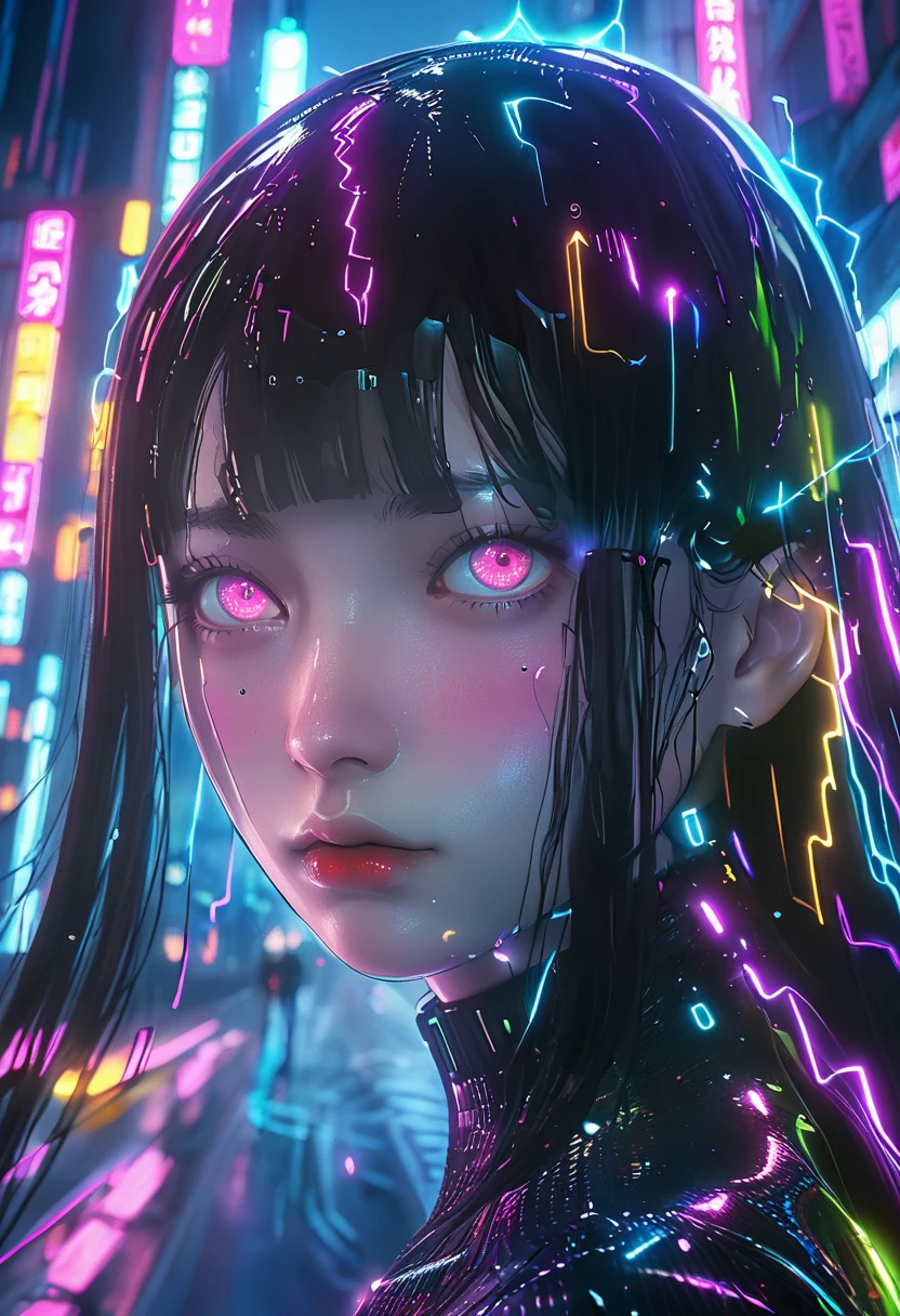 surreal horror, anime style, directed by Junji Ito, high contrast, vivid colors, eerie atmosphere, psychological tension, intricate line work, nightmarish creatures, cyberpunk portrait, neon lighting, anime-inspired, glossy textures, hyper-realistic details, vibrant colors, electric energy, surreal atmosphere, glowing eyes, close-up perspective