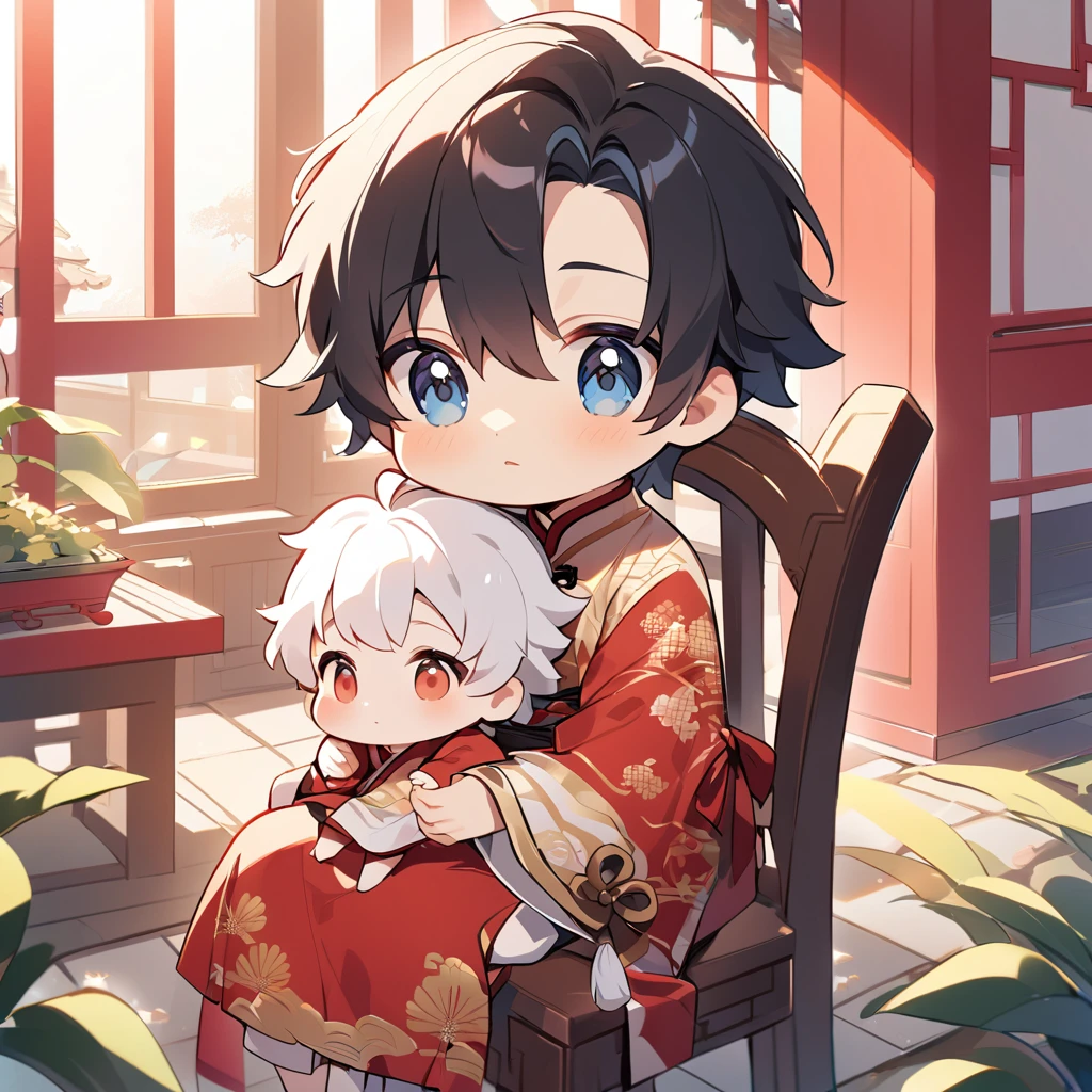 A handsome young man with a good face and a gentle face, he wearing a white ancient Chinese costume, sitting on a chair, hugging his little sister, chibi cute girl is , black hair, in a red Chinese New Year costume. In the morning, there is sunlight shining in the front yard garden.