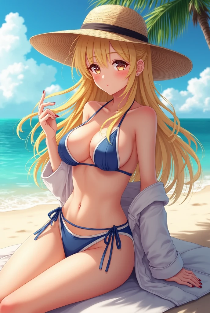 Best quality, detailed, 4k, master piece, (photoanemism:1.2), beautiful anime girl, blonde hair, long hair, at Beach, Straw hat, fashionable swimsuit with unique design, swim jacket tied around waist , Long angle that focuses on the girl, special effects, fashionable pose, take reference: https://www.cdjapan.co.jp/product/NEOGDS-407642