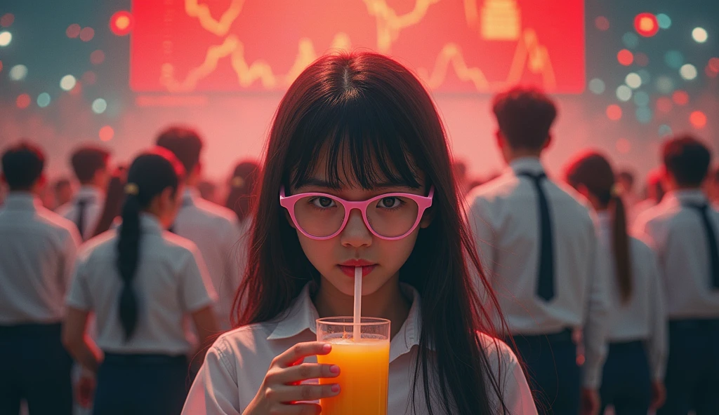 A dramatic and vibrant cinematic poster featuring a central girl in pink glasses sipping orange juice with a straw, amidst chaos. In the background, a crowd of people in white formal attire and black ties are in panic, as red graphics of crashing stock markets from around the world are visible. The atmosphere is filled with tension and urgency, with the girl providing a stark contrast of calmness in the midst of the turmoil., vibrant, cinematic, poster