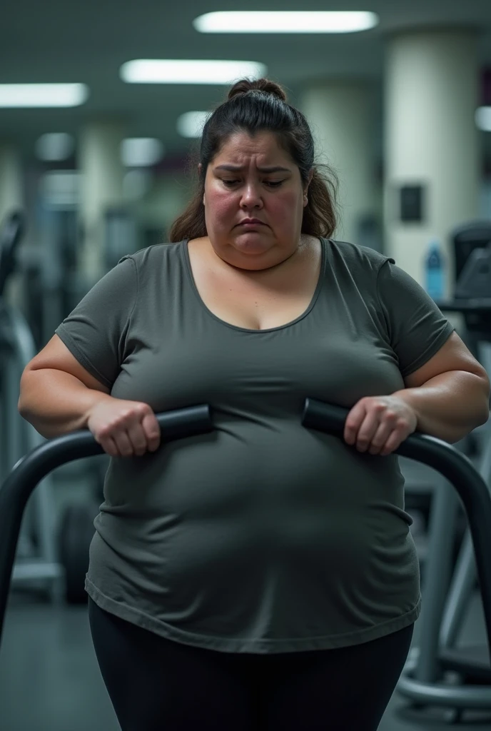 Overweight woman trying to lose weight at the gym, with a sad face.