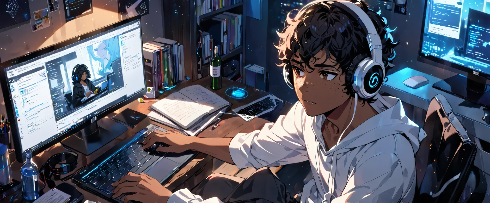 ((Boy)), ((Dark Skin)), ((Freckles on Face)), black curly hair, white streak, ((Studying)), bedroom, ((Calm)), ((Chill)), ((Headphones)), ((Laptop)), ((Monitor)), Night, Bottle, Desktop, ((Hacking)), ((Hacker)), Tech, HD, High Resolution, 4K