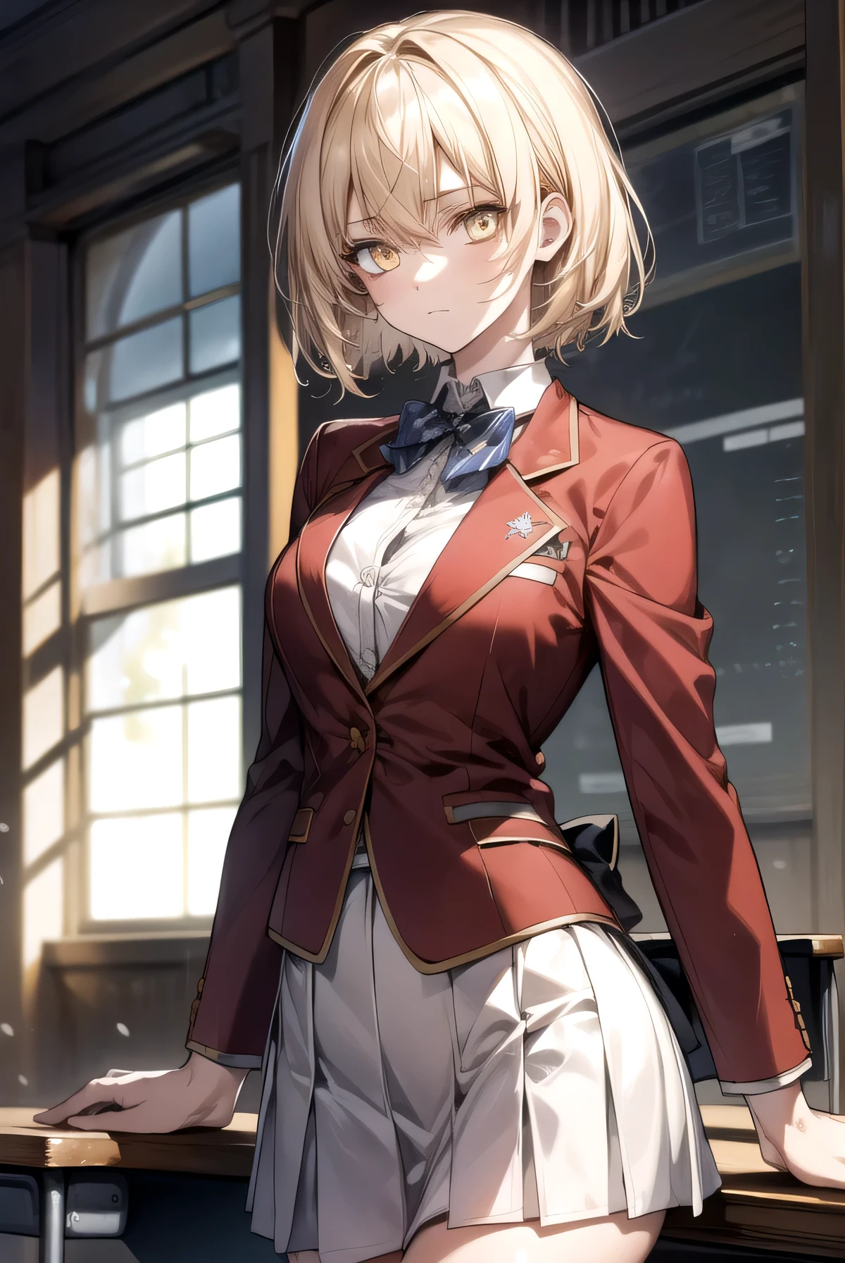 Messy hair, short blonde hair, (yellow eyes:1.3),
BREAK bow, school uniform, jacket, bowtie, blue bowtie, blazer, (red blazer:1.5), skirt, white skirt,
BREAK indoors, classroom,
BREAK thinking, looking at viewer, (cowboy shot:1.5),
BREAK (masterpiece:1.2), best quality, high resolution, unity 8k wallpaper, (illustration:0.8), (beautiful detailed eyes:1.6), extremely detailed face, perfect lighting, extremely detailed CG, (perfect hands, perfect anatomy), cool posture 