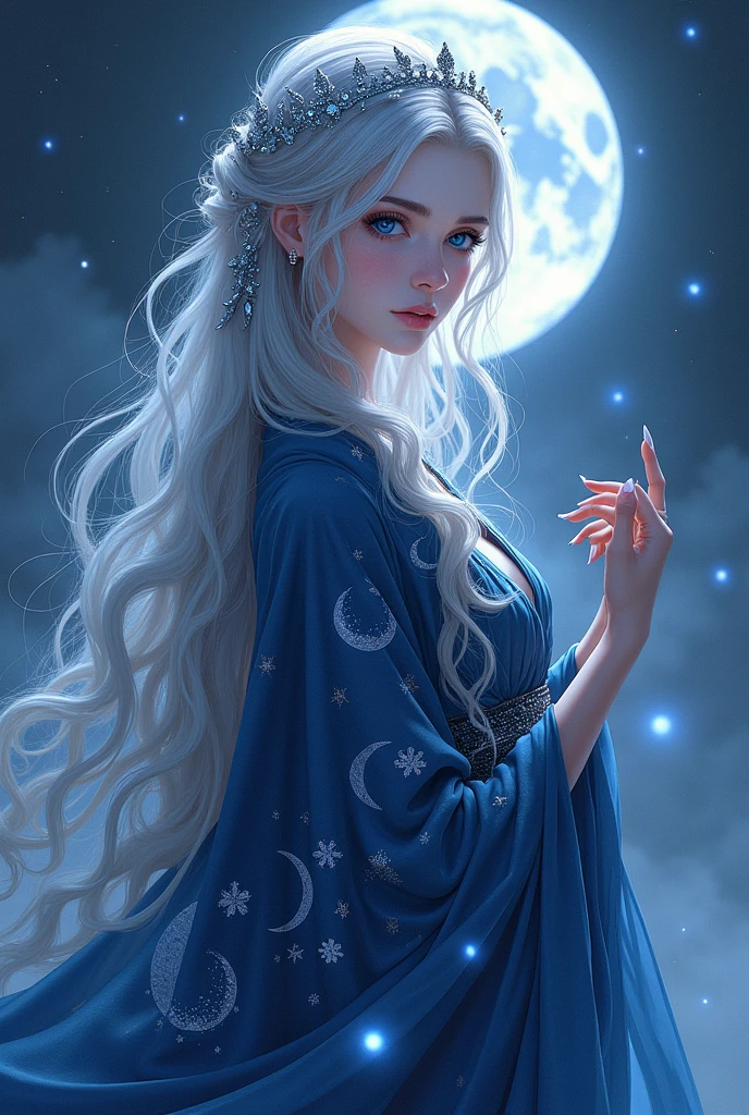 badass clothing: Wears a flowing kimono in shades of blue and silver, with crescent moon and star patterns. The clothes have a soft shine, as if reflecting the moonlight.body hair: Long and silver, flowing like moonlight, with locks that seem to sparkle. You can have a simple hairstyle, like a low or loose bun with blue ribbons.eyeballs: Big and deep blue, with a sad and contemplative glow, reflecting the moonlight.Accessories: Wear a headband or tiara with lunar motifs, perhaps with small gemstones that imitate moonlight.stance: Elegant and serene, with an aura of melancholy that conveys a calm and distant presence.