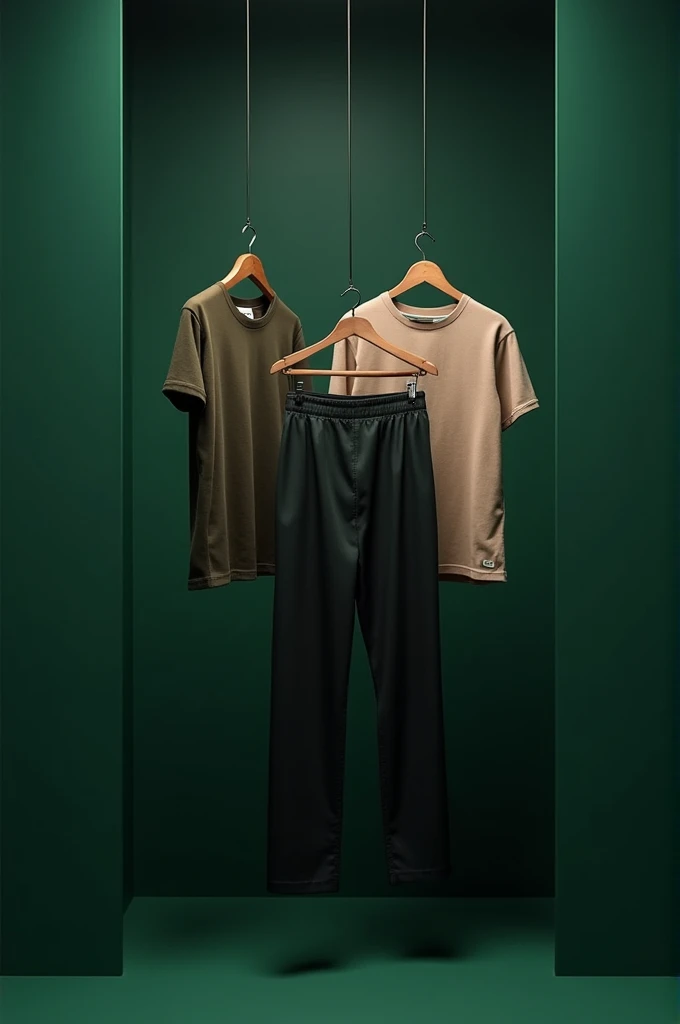 Create a cover photo where some men's wear like t-shirt, shirt, pants, are hanging. this photo background is dark green.