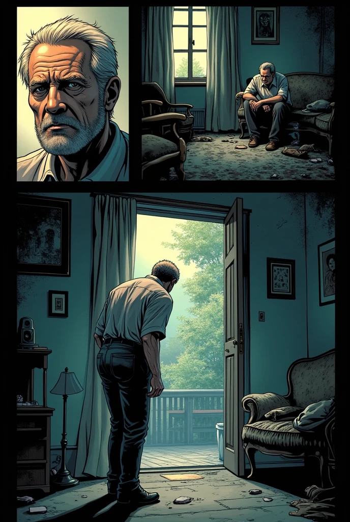 Make a drawing in the form of a comic book where you show flashbacks of a man screaming and the same character huddled in a corner of the house.