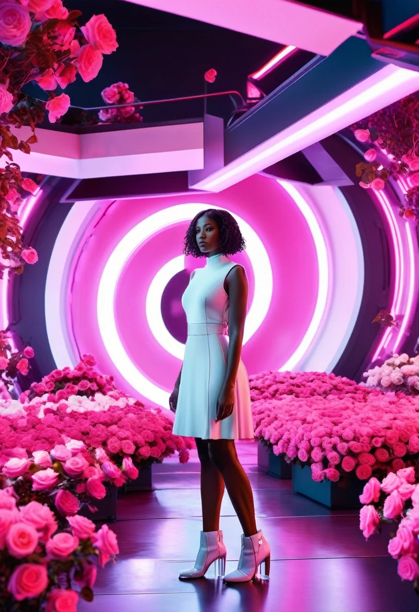 black woman standing in a futuristic sci-fi room with a garden of roses all pink, white coloured scene, mix of pink and white, full of circular neon lit rotating machines, , very high detailed and clear image, providing a cinematic look like shot from a 70mm lens panavision camera, 32k high definition and high resolution images, unreal engine 5 rendered. Hyper-realistic images with high detailed features providing a viewer with a clear high definition well created masterpiece