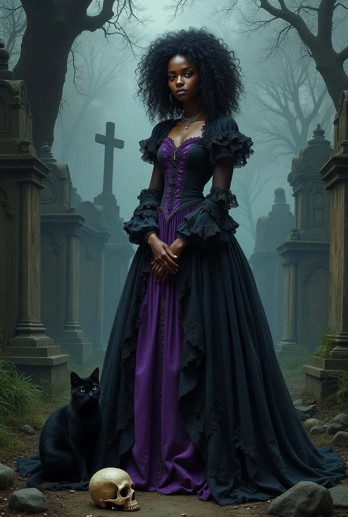 An old black Brazilian woman. Very curly hair in a cemetery dressed in an old purple and black period dress. With a black cat and a skull