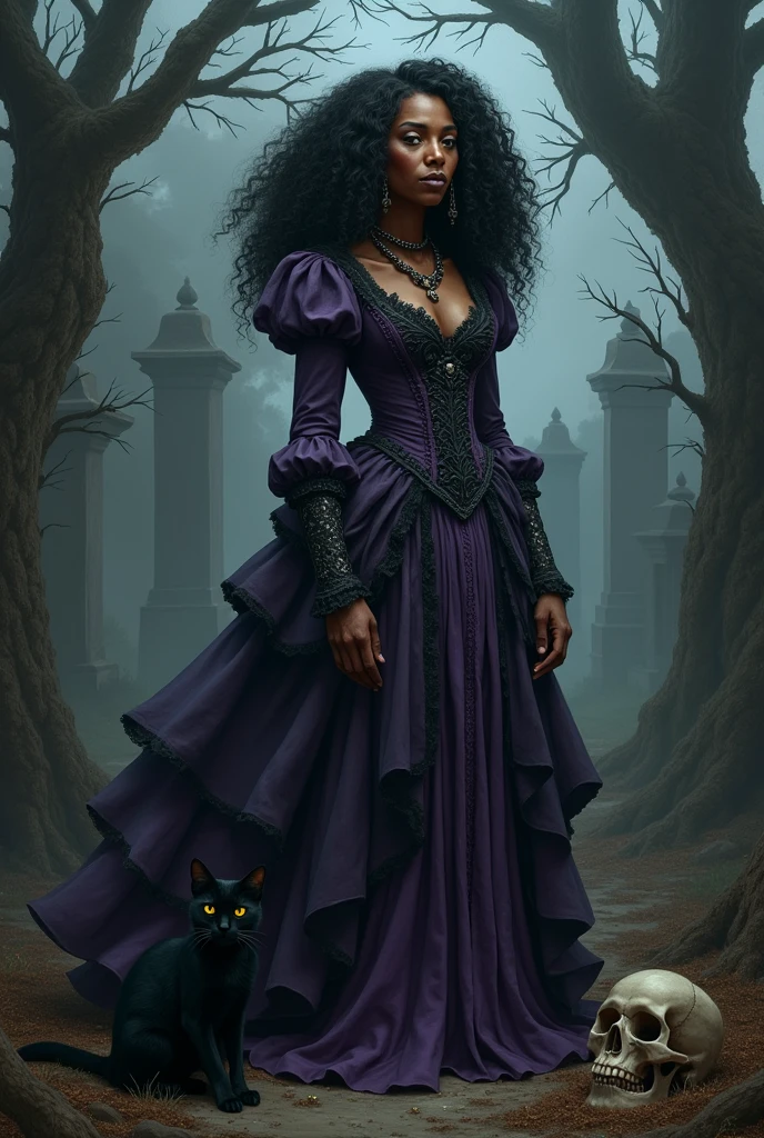 An old black Brazilian woman. Very curly hair in a cemetery dressed in an old purple and black period dress. With a black cat and a skull