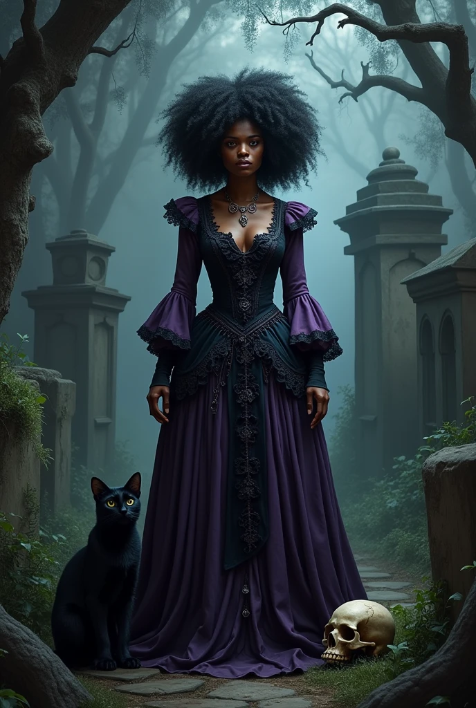 An old black Brazilian woman. Very curly hair in a cemetery dressed in an old purple and black period dress. With a black cat and a skull