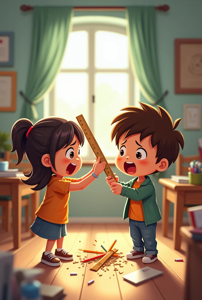 Make a boy breaking another girl&#39;s wooden ruler in a room 
(  2D animated and still) 

