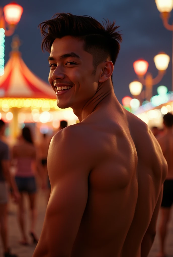 photorealistic, best quality, masterpiece, extremely detailed, sexy, homoerotic, extremely handsome, 25 year old filipino man, very muscular build, big smile, casual clothes, looking back at camera, at funfair carnival, at midnight, ambient lighting, dramatic shadows, extremely romantic atmosphere, perfect face, perfect fingers, perfect hands, perfection