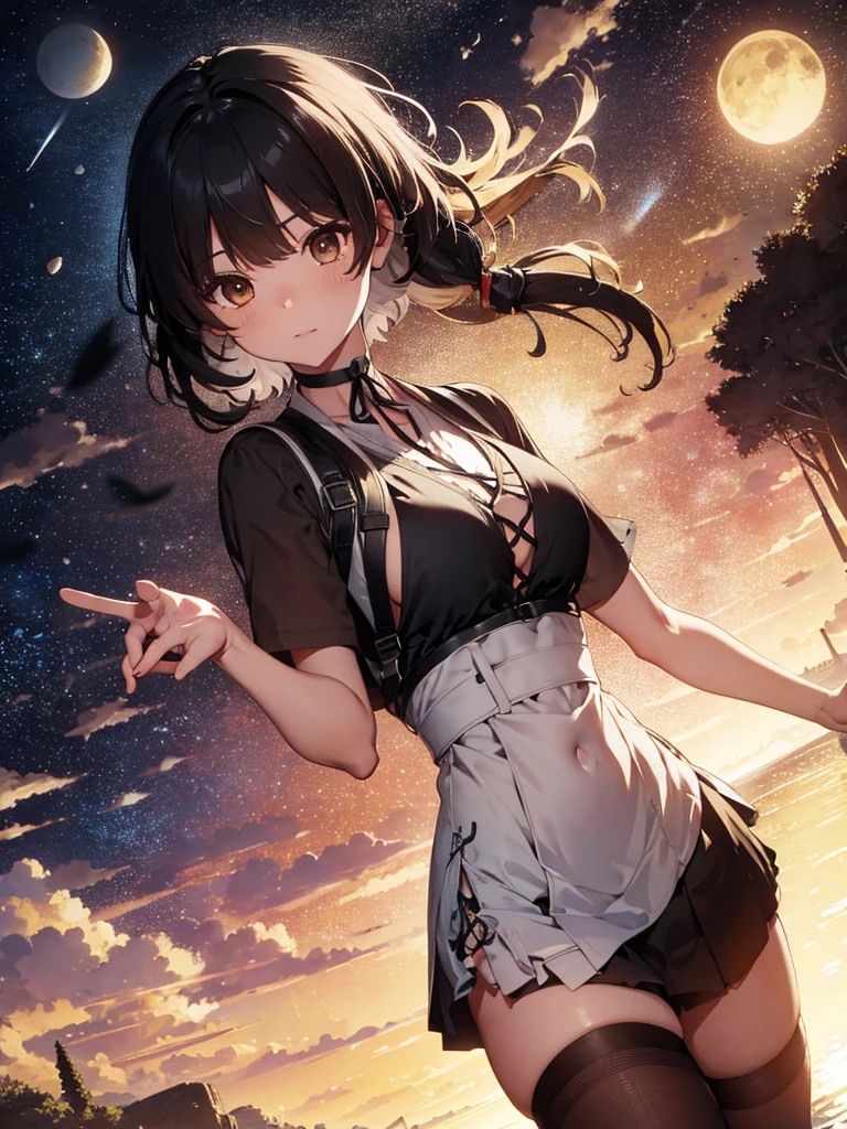 (masterpiece, ultra-detailed, high contrast, high resolution, official illustration)
Photo of the upper body of a beautiful  with small breasts. She looks like the character Female Rover from the computer game Wuthering Waves. He has black hair and golden eyes.