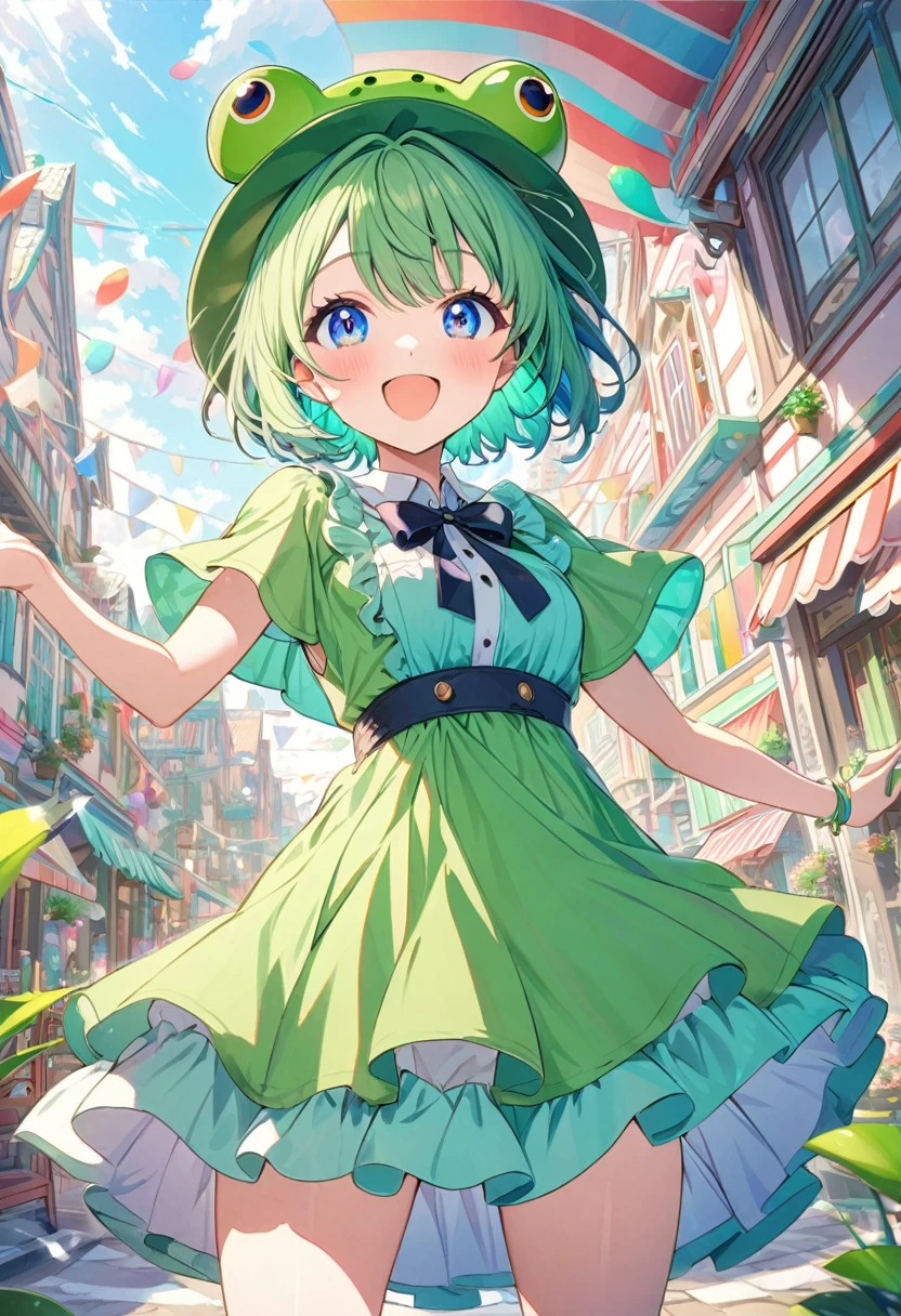 anime girl, short green hair,  Green frog-shaped hat, ultra detailed, vivid colors, green dress, pastel colors, blue eyes, happy 