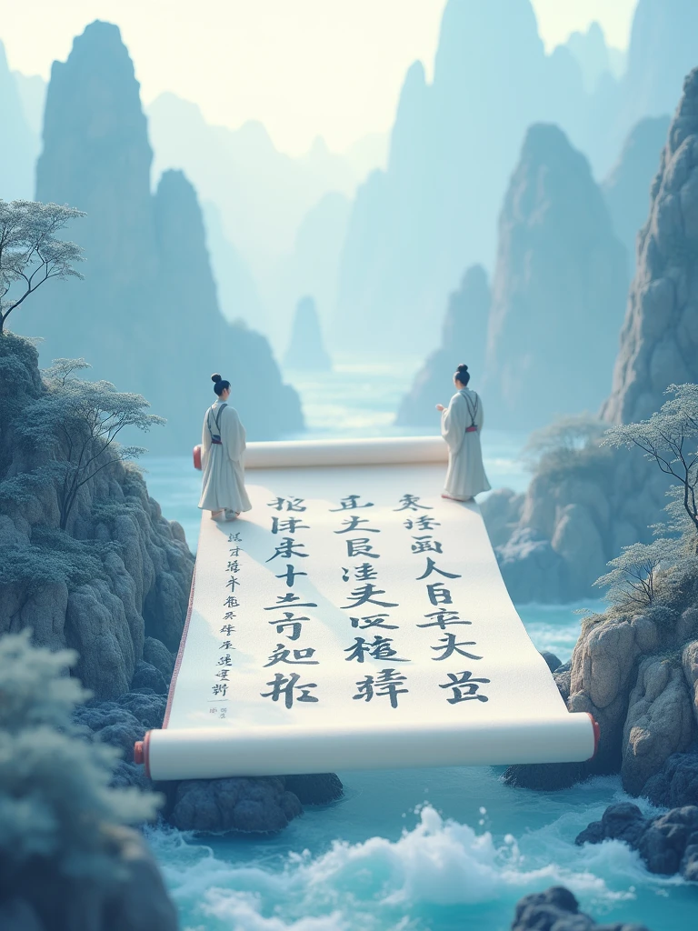 China-Chic style, felt material, an open scroll floating in the air, with some ancient characters on it. On the open scroll stand several ancient poets, with illustrations of mountains and rivers in the background. Featuring undulating mountains, silk, macro, high-definition surrealism, long waves, fresh and elegant customs, white and blue tones, macro perspective