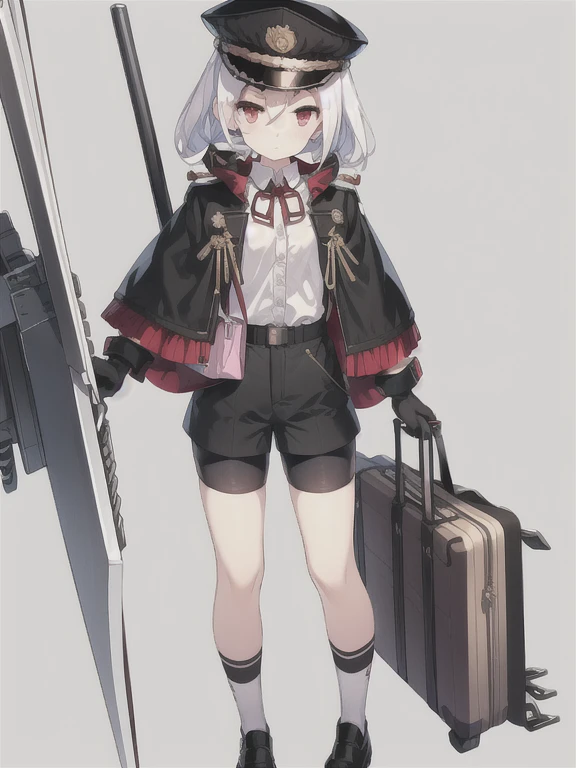 Vittorio_Veneto \(warship girls r\),((masterpiece)),(((best quality))),((ultra-detailed)),((illustration)),((disheveled hair)),((frills)),(1 girl),(solo),1girl,aiguillette,bag,bag charm,bangs,bike shorts,black bag,black footwear,black headwear,black jacket,black shorts,blush,briefcase,cape,charm \(object\),closed mouth,collared shirt,duffel bag,eyebrows visible through hair,full body,gloves,gradient,hair ornament,handbag,hat,holding,holding bag,iron cross,jacket,jacket on shoulders,keychain,short hair,long sleeves,looking at viewer,low ponytail,low twintails,luggage,messenger bag,military,military hat,military uniform,mole,mole under eye,parted lips,peaked cap,pouch,randoseru,red eyes,red ribbon,ribbon,satchel,school bag,shirt,shoes,shopping bag,short shorts,shorts,shoulder bag,sleeves past fingers,sleeves past wrists,socks,solo,standing,suitcase,twintails,uniform,white hair,white legwear,white shirt,wide sleeves,younger,