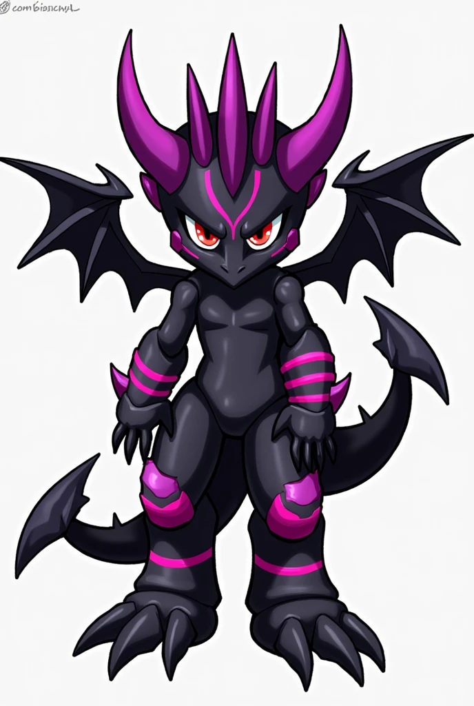 Young bakugan with the appearance of a dragon with the black skin characteristic of the darkus bakugan,his light red eyes,four fingers on both hands with sharp claws and also four toes on the feet, four thin wings on the back, an armor with pink lines that is limited to the wristbands,shoulders and calf,three purple horns covering his head, One in front above the snout and two behind, a row of spikes on its back and the tip of its tail shaped like a sharp harpoon*