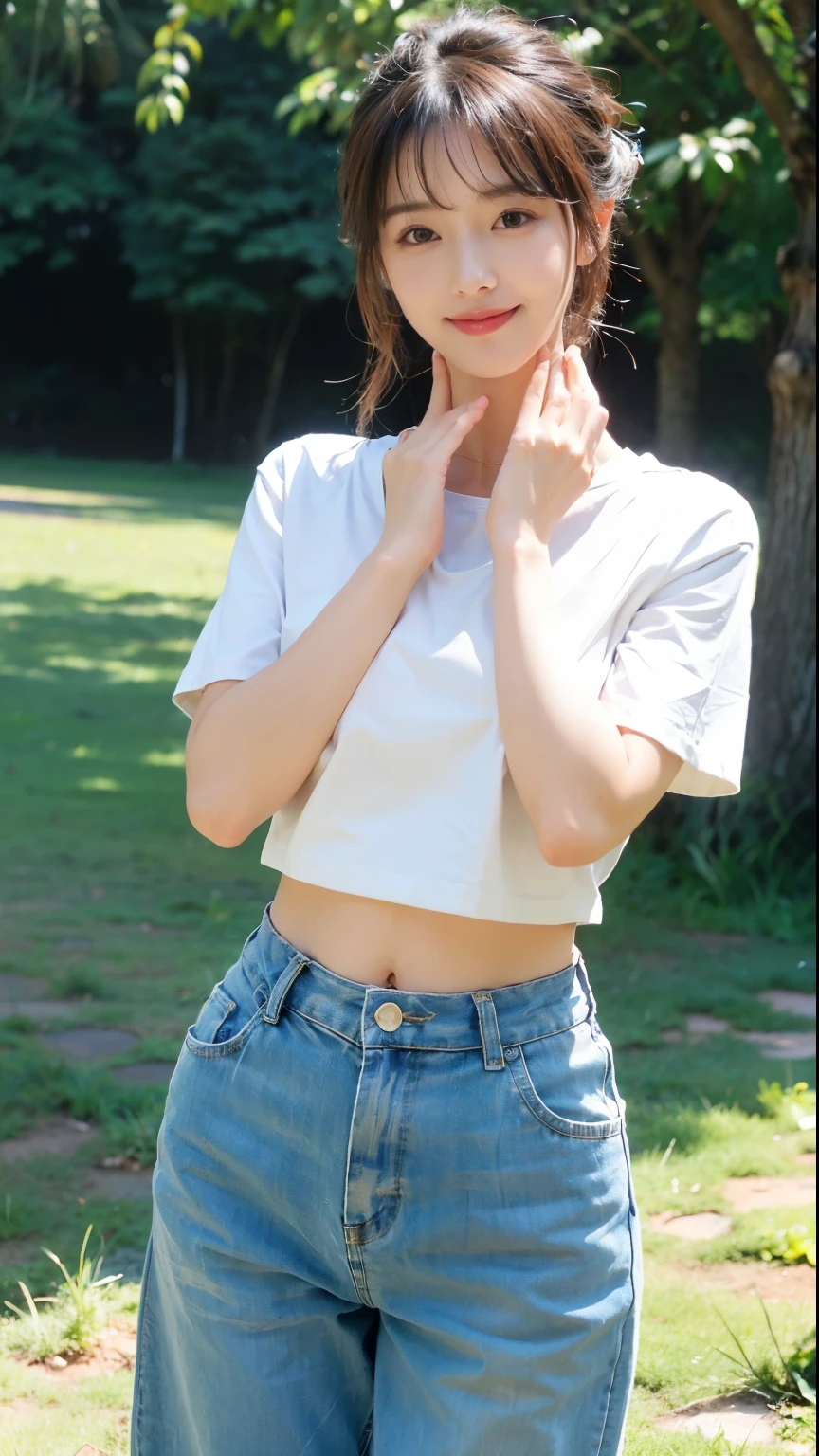 (Highest quality, 8k, 32K, masterpiece, Ultra-high resolution: 1.2), 1 person, Beautiful Japanese Women,(cute)、 Tight waist, Wide leg pants, Belly button T-shirt, (Updo)、 (Pose with hands near face: 1.2), Beautiful Face, (Smile at someone you like), Standing on the grass in the park、