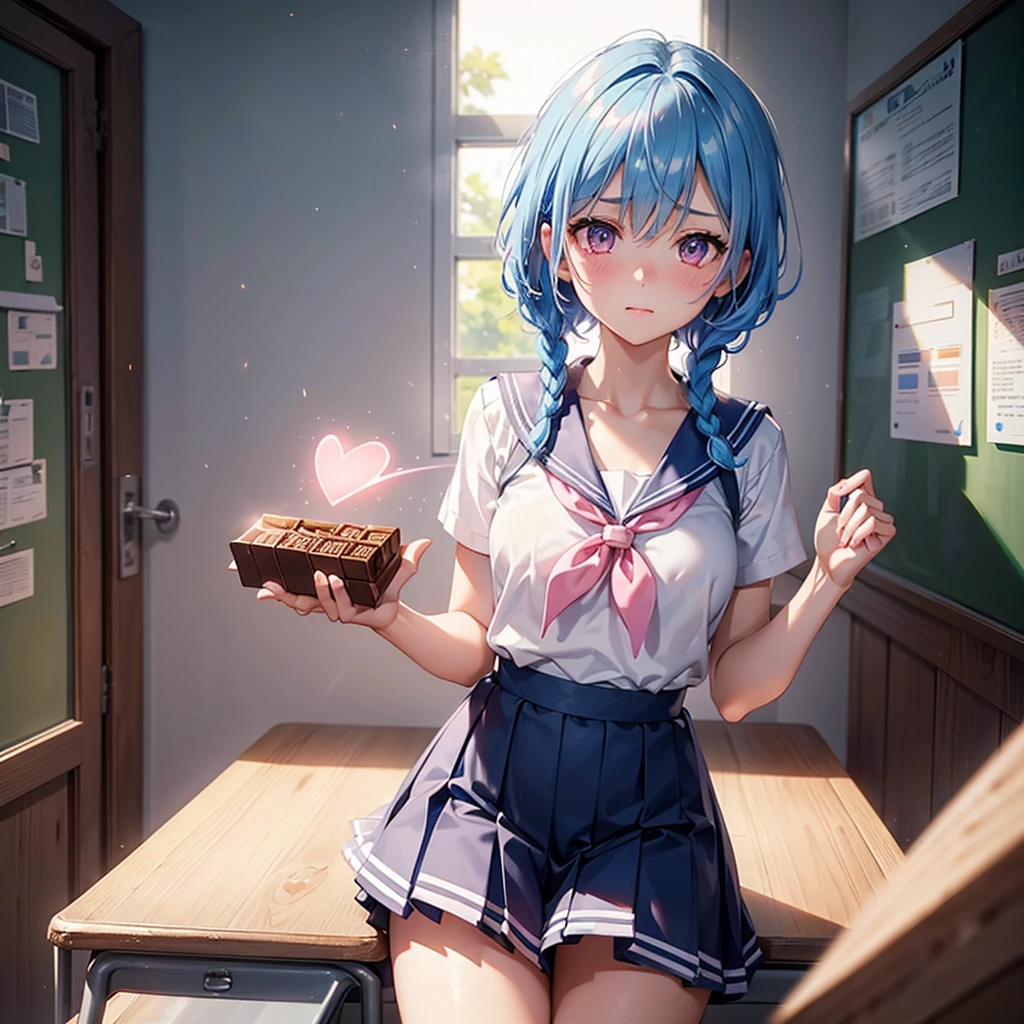 Sky blue hair,Braided short hair,Pink Eyes,Fair skin,whole body,one person,Embarrassed,The background is a school classroom,(Heart lettering on a blackboard),Heart-shaped chocolate,Hand it forward with both hands,Sailor suit),valentineday,masterpiece, Highest quality, Very detailed, Best Shadow,Detailed Background,Beautifully detailed face,High Contrast,Best lighting,Very delicate and beautiful,Cinematic Light,Hyper Detail,8k,Dramatic Light, Intricate details,
