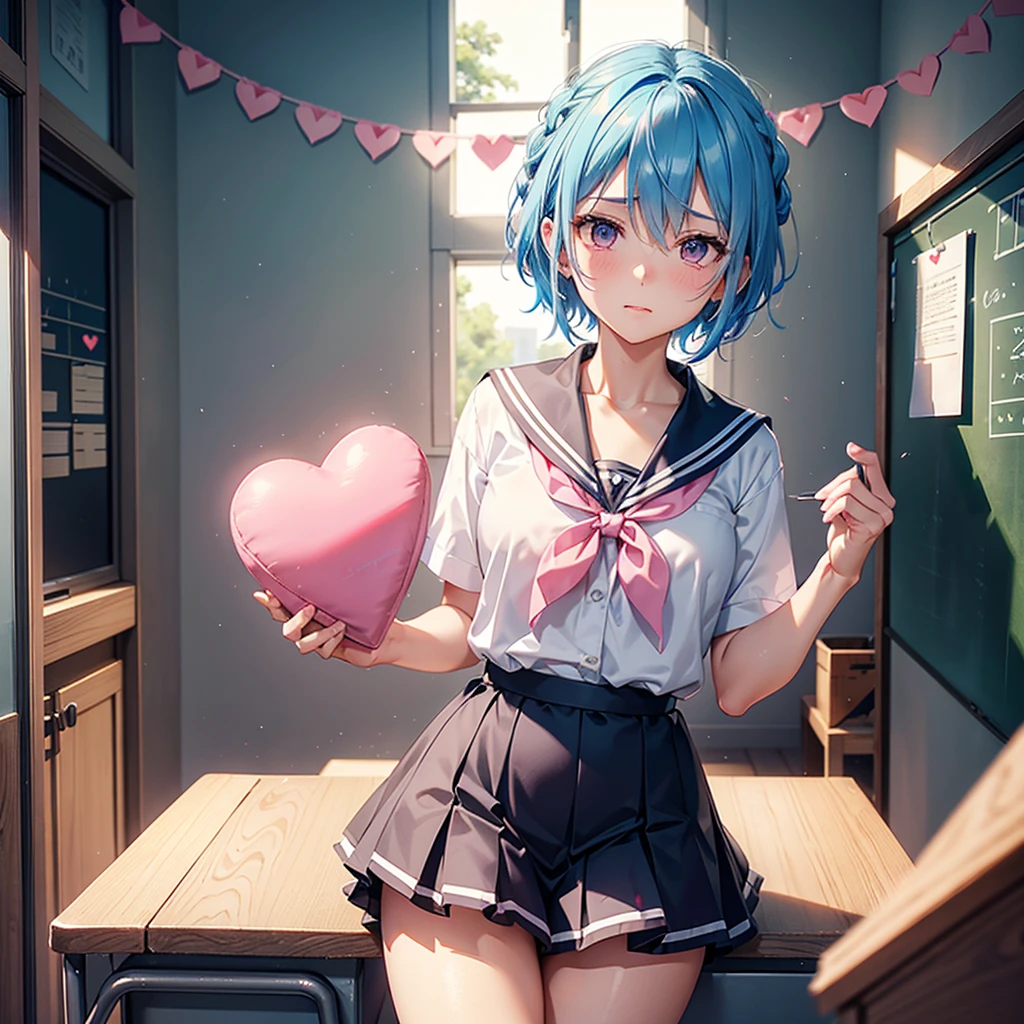 Sky blue hair,Braided short hair,Pink Eyes,Fair skin,whole body,one person,Embarrassed,The background is a school classroom,(Heart lettering on a blackboard),Heart-shaped chocolate,Hand it forward with both hands,Sailor suit),valentineday,masterpiece, Highest quality, Very detailed, Best Shadow,Detailed Background,Beautifully detailed face,High Contrast,Best lighting,Very delicate and beautiful,Cinematic Light,Hyper Detail,8k,Dramatic Light, Intricate details,