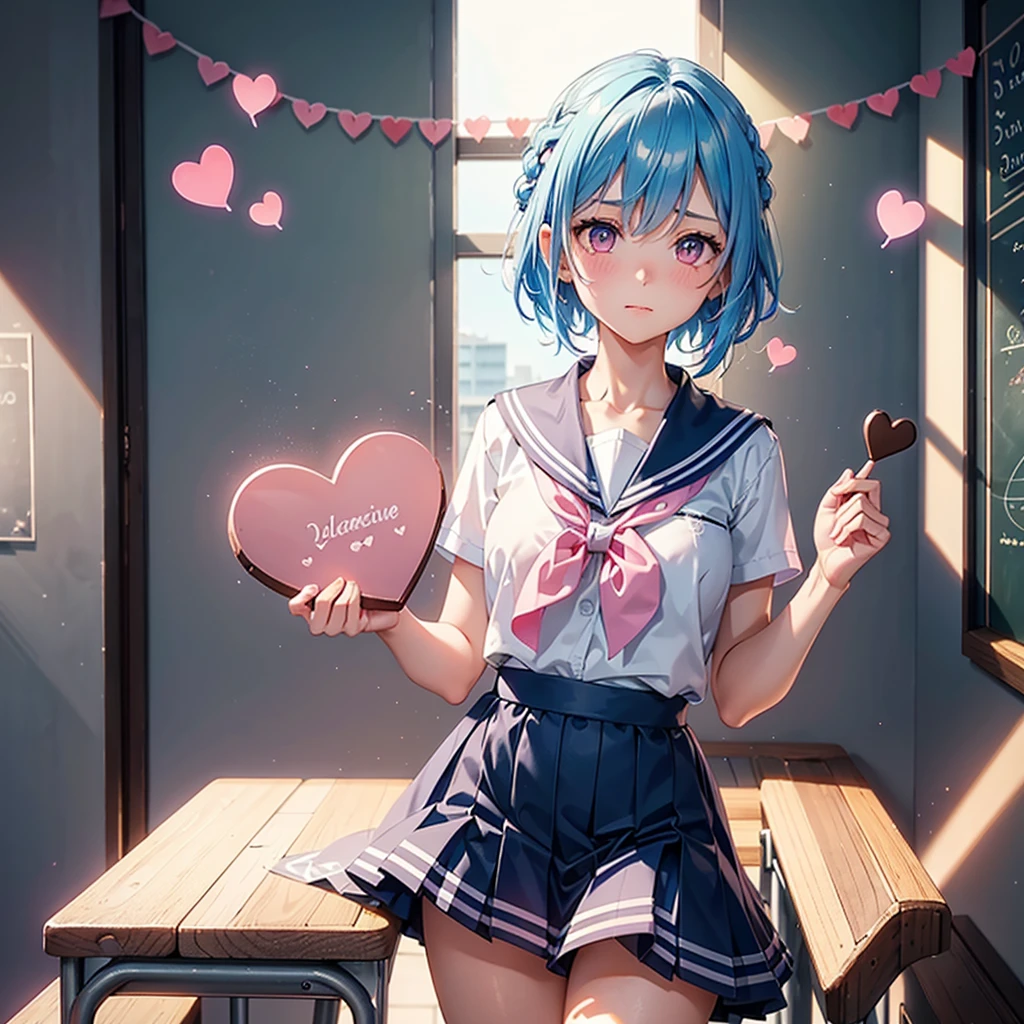 Sky blue hair,Braided short hair,Pink Eyes,Fair skin,whole body,one person,Embarrassed,The background is a school classroom,(Heart lettering on a blackboard),Heart-shaped chocolate,Hand it forward with both hands,Sailor suit),valentineday,masterpiece, Highest quality, Very detailed, Best Shadow,Detailed Background,Beautifully detailed face,High Contrast,Best lighting,Very delicate and beautiful,Cinematic Light,Hyper Detail,8k,Dramatic Light, Intricate details,