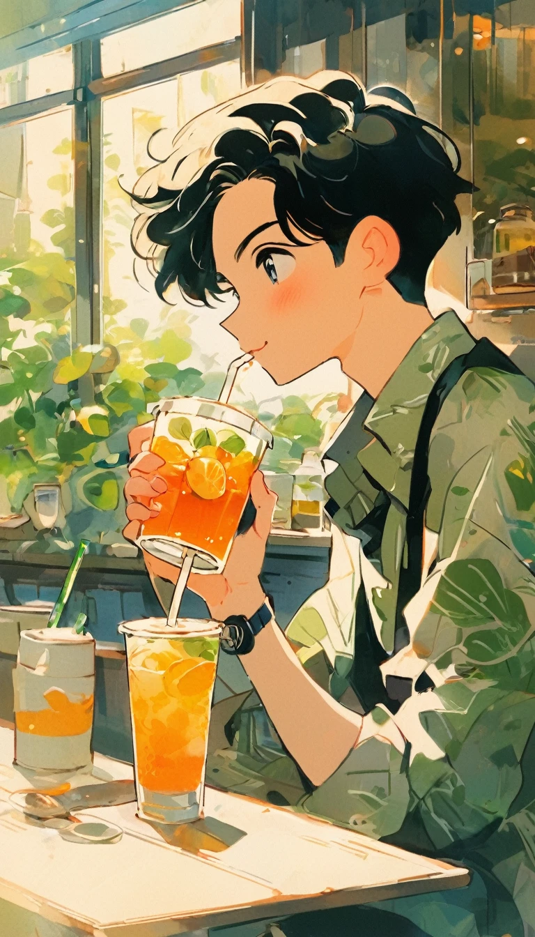anime guy drinking a drink in a cafe with a window, artwork in the style of guweiz, guweiz, 4k anime wallpaper, young anime man, anime art wallpaper 8 k, anime wallpaper 4k, anime wallpaper 4 k, anime. soft lighting, anime wallaper, handsome anime pose, 4 k manga wallpaper