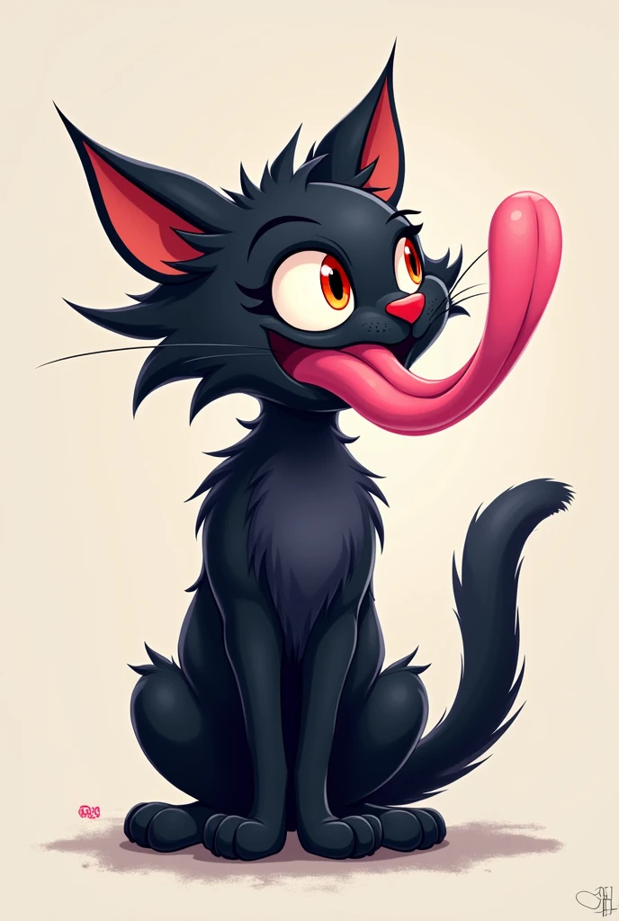 Cat furry with black fur showing his long tongue