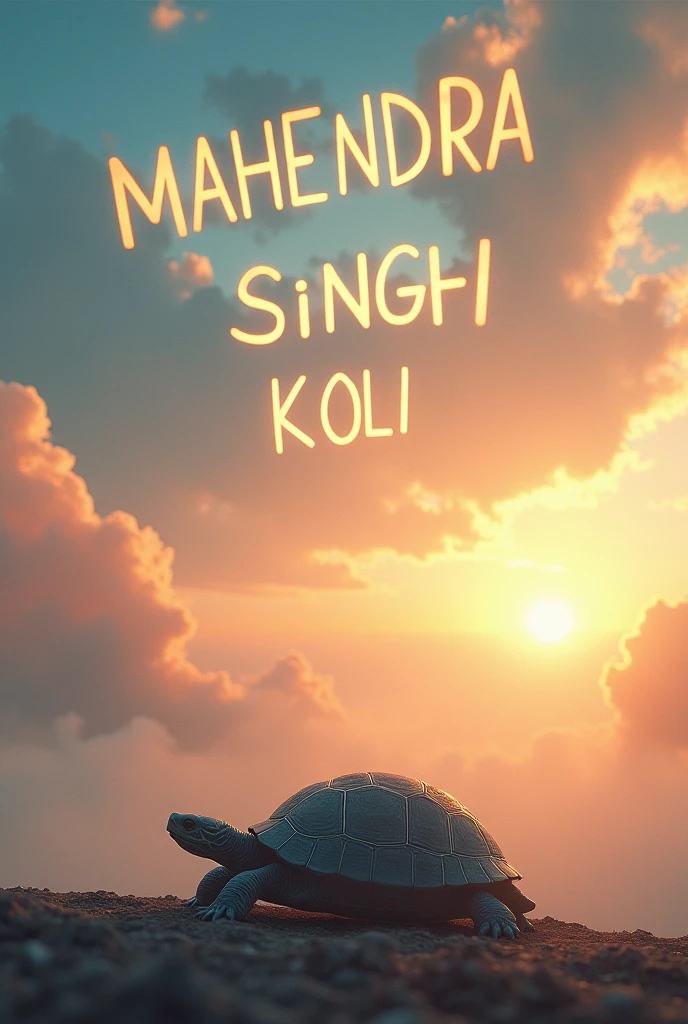MAHENDRA SINGH KOLI name on the sky .on fair and colourful fog, with a turtle in the sun,